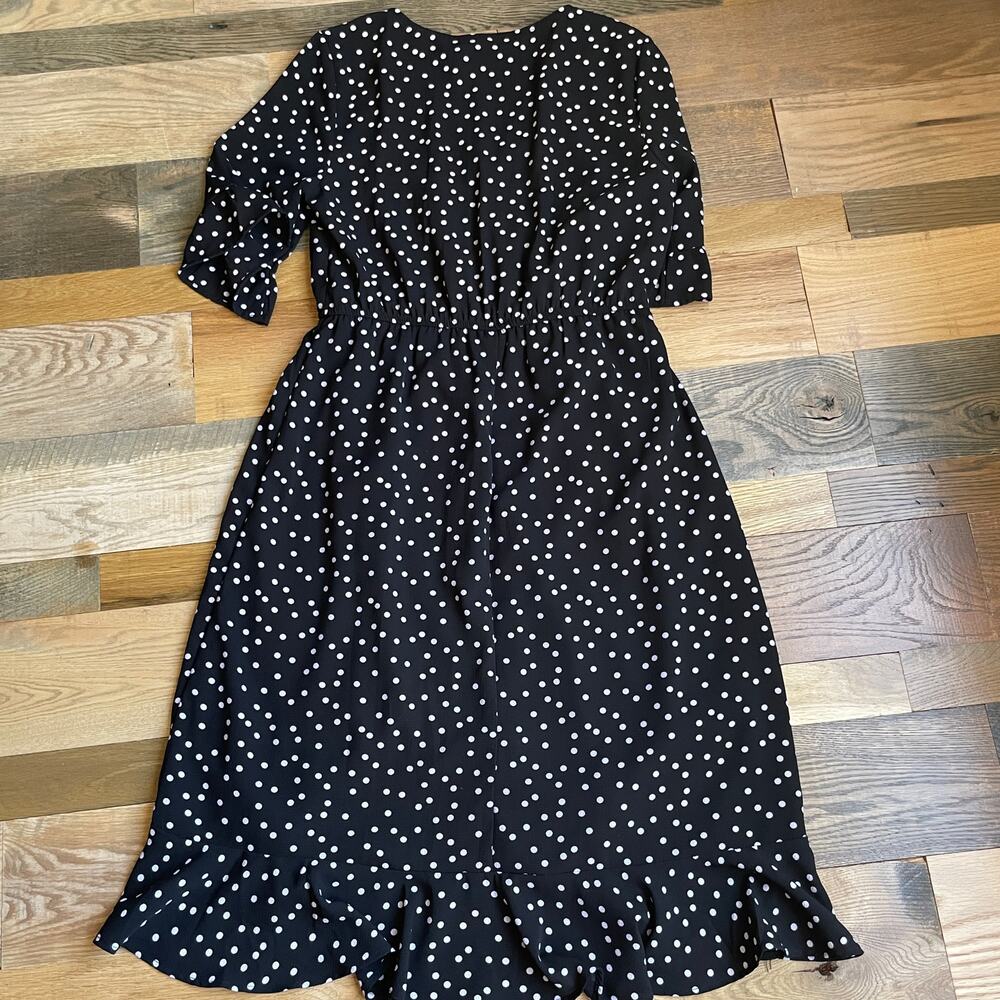 Bobeau Black White Polka Dot Midi Wrap Dress Ruffle Hem Women's Small - Picture 1 of 8